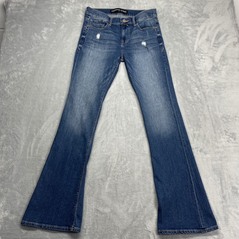 Express Jeans Slim Flare Mid Rise Womens 6 Medium Wash Distressed Denim Blue Y2K